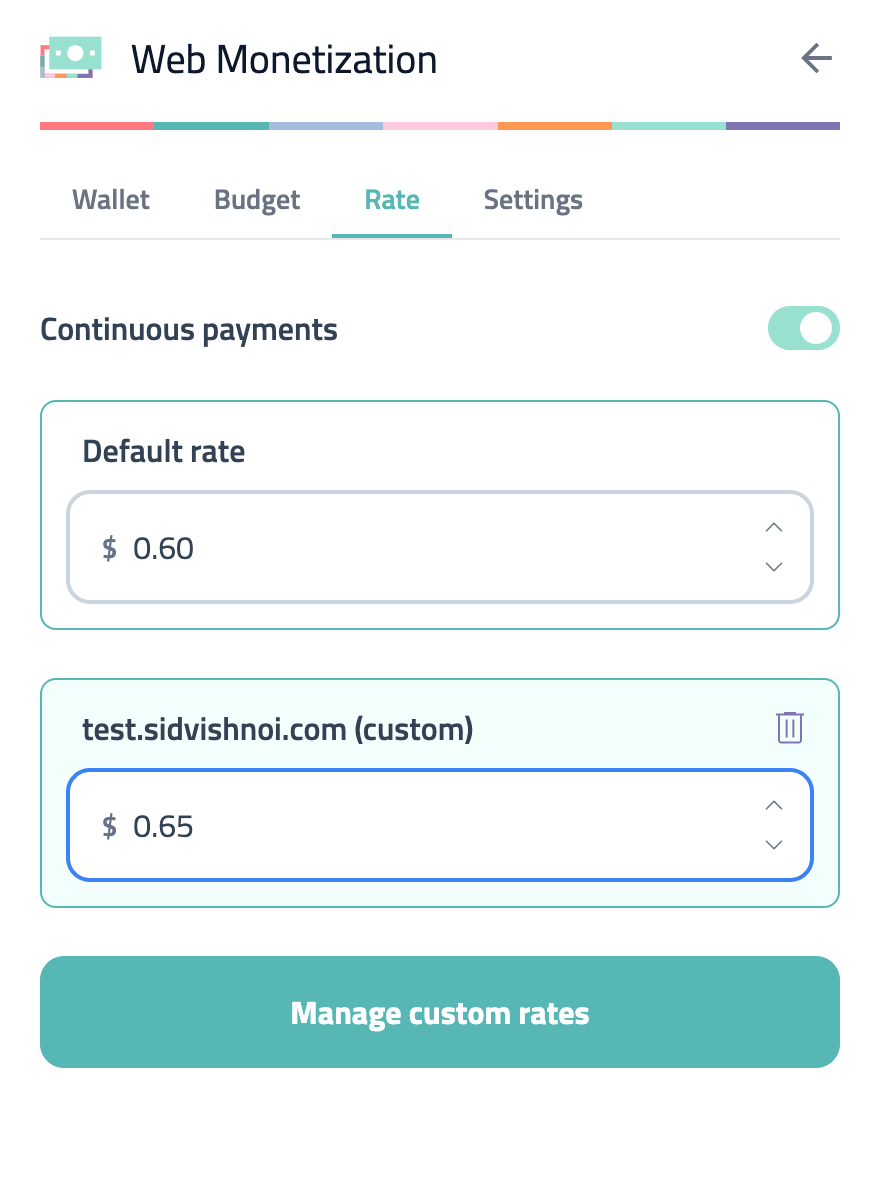 Rate tab with custom rate for site test.sidvishnoi.com set to $0.65 per hour